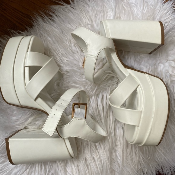 🤍 White Chunky Platform Y2K Heels Square Open Toe Ankle Strap - Picture 9 of 11